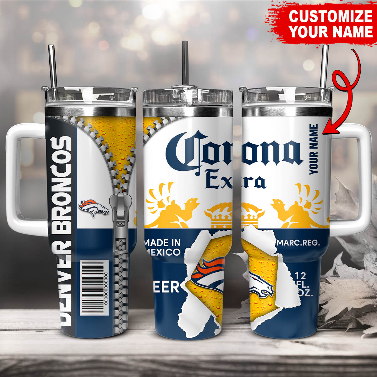 Denver Broncos NFL Corona Extra Custom Stanley Quencher 40oz Stainless Steel Tumbler With Handle