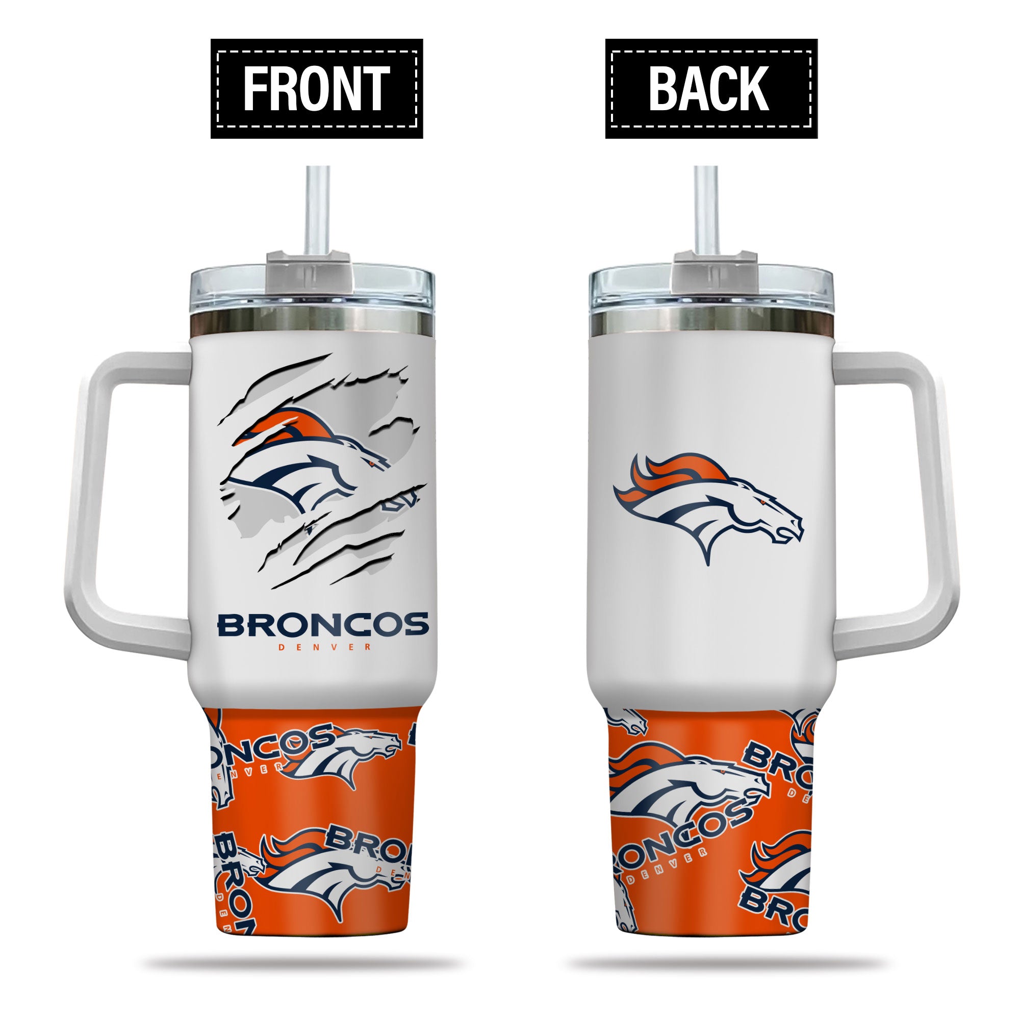 Denver Broncos NFL Custom Stanley Quencher 40oz Stainless Steel Tumbler With Handle