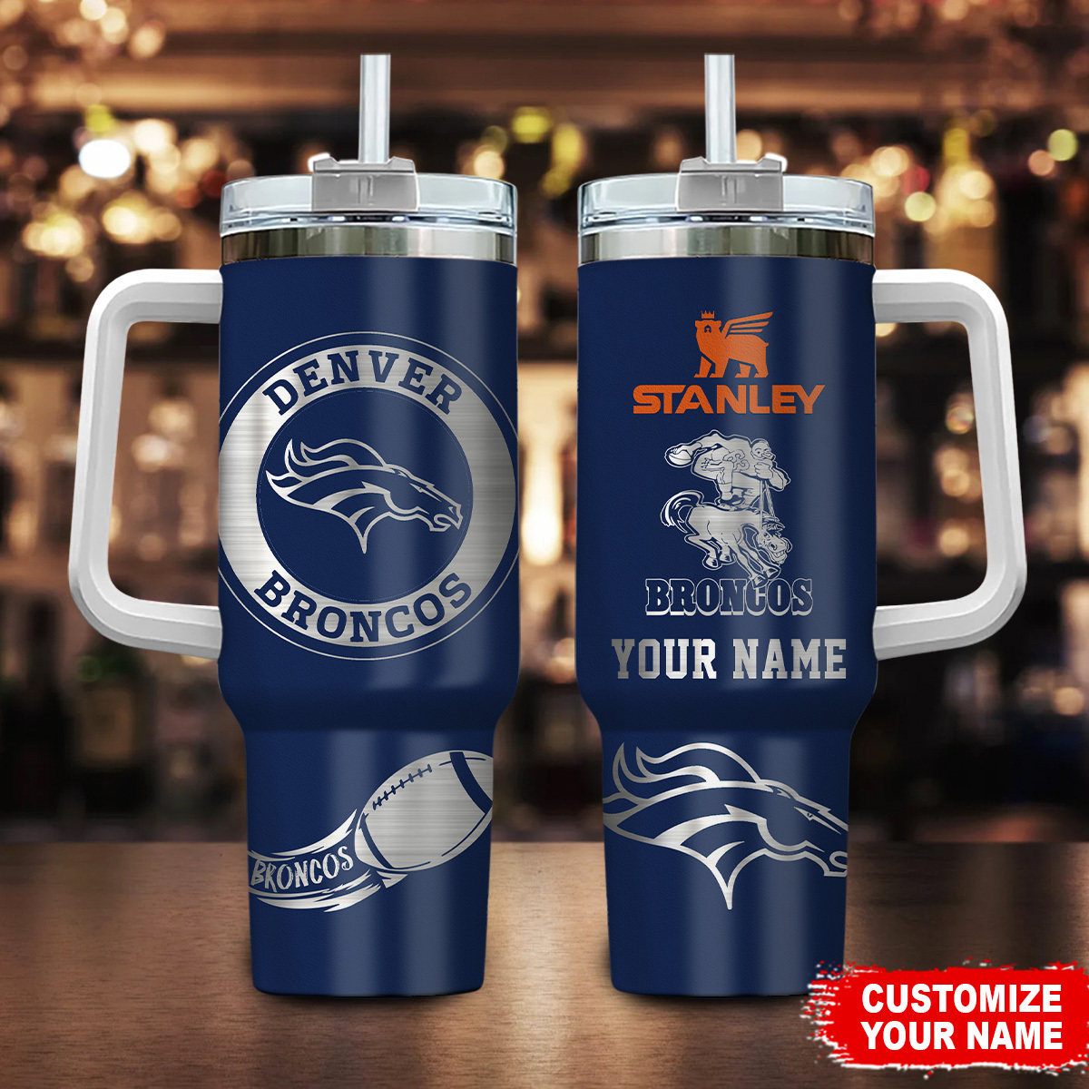 Denver Broncos NFL Custom Stanley Quencher 40oz Stainless Steel Tumbler With Handle
