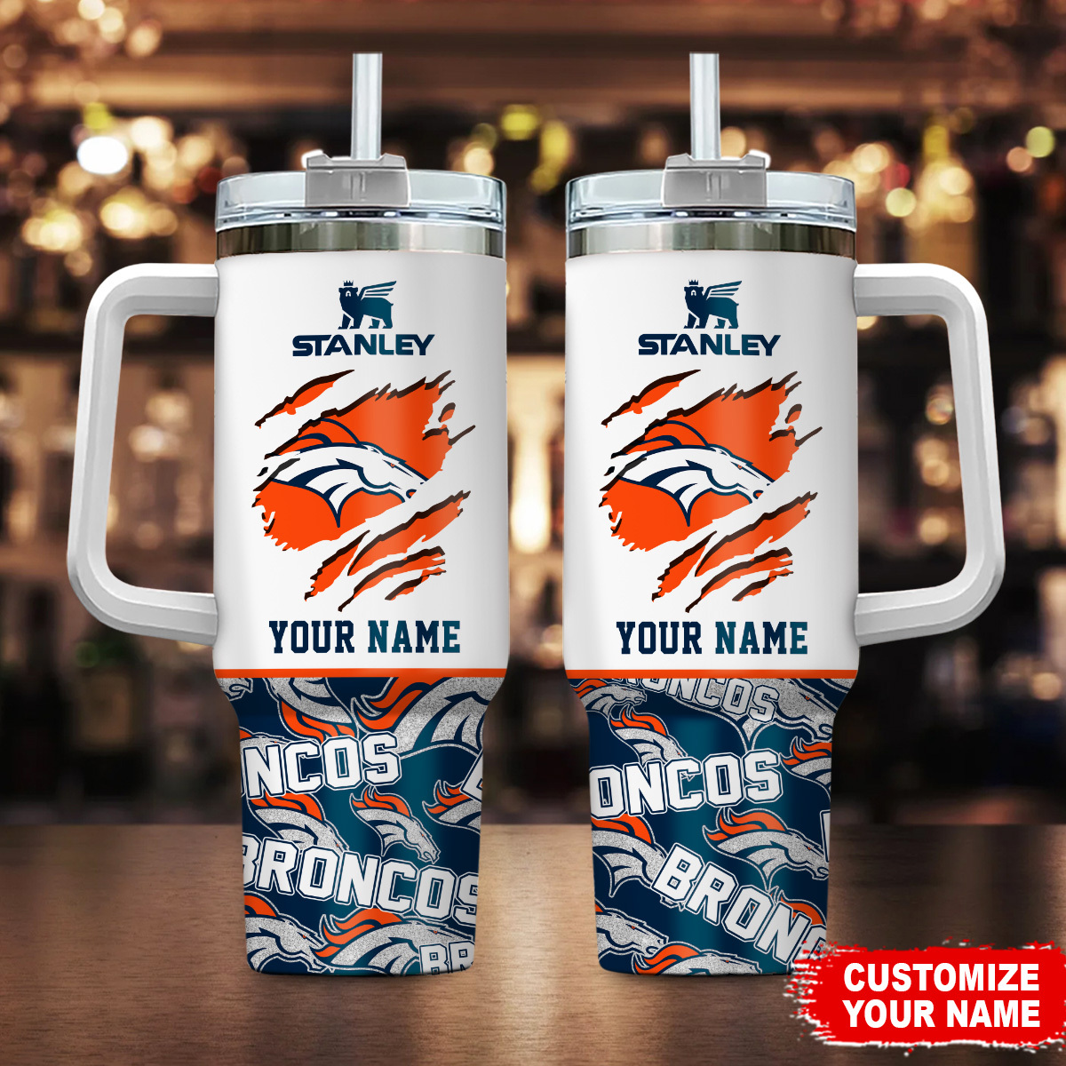 Denver Broncos NFL Custom Stanley Quencher 40oz Stainless Steel Tumbler With Handle