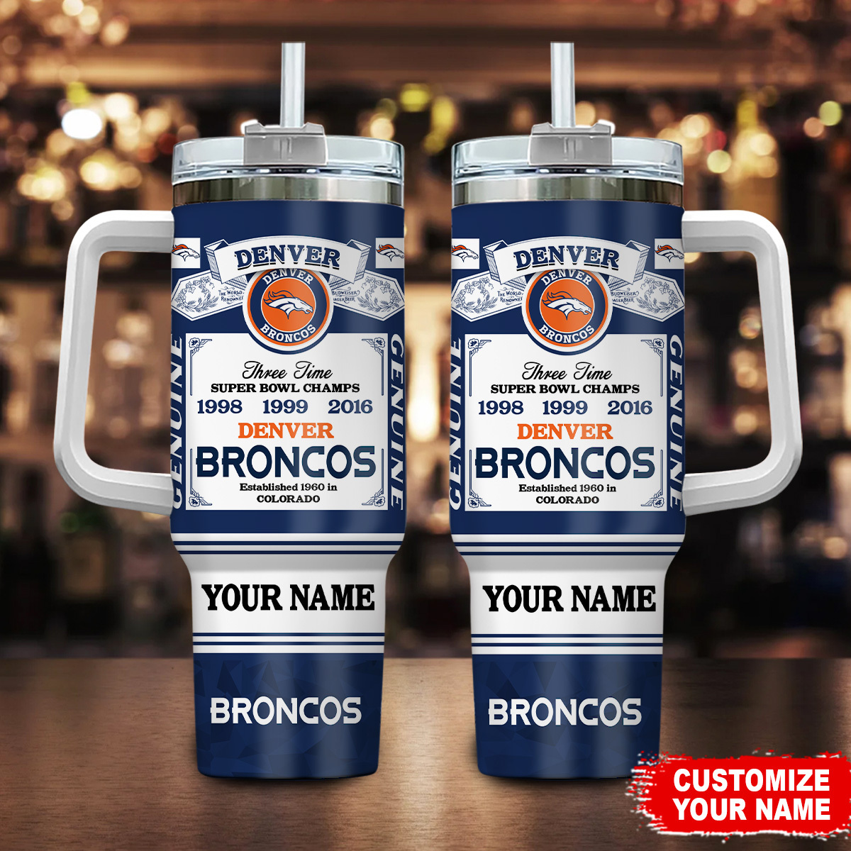 Denver Broncos NFL Custom Stanley Quencher 40oz Stainless Steel Tumbler With Handle