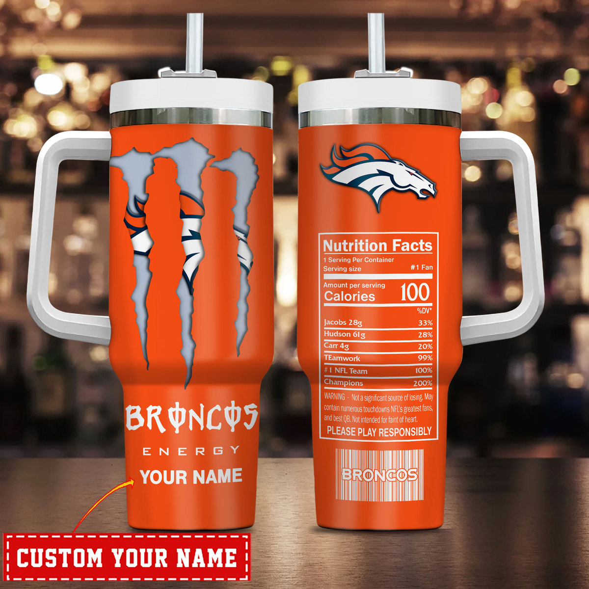 Denver Broncos NFL Energy Nutrition Facts Custom Stanley Quencher 40oz Stainless Steel Tumbler With Handle