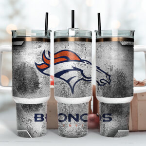 Denver Broncos NFL Fingerprint Effect Custom Stanley Quencher 40oz Stainless Steel Tumbler With Handle