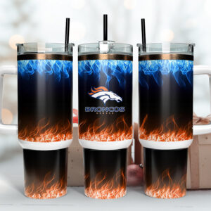 Denver Broncos NFL Fire Effect Custom Stanley Quencher 40oz Stainless Steel Tumbler With Handle