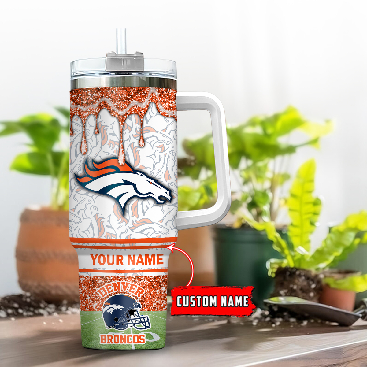Denver Broncos NFL Glitter Custom Stanley Quencher 40oz Stainless Steel Tumbler With Handle