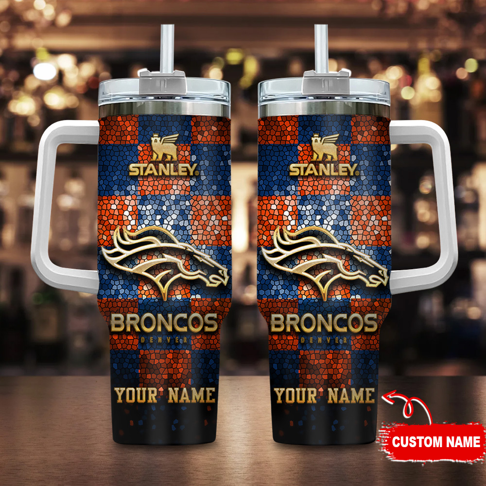 Denver Broncos NFL Glitter Golden Logo Custom Stanley Quencher 40oz Stainless Steel Tumbler With Handle