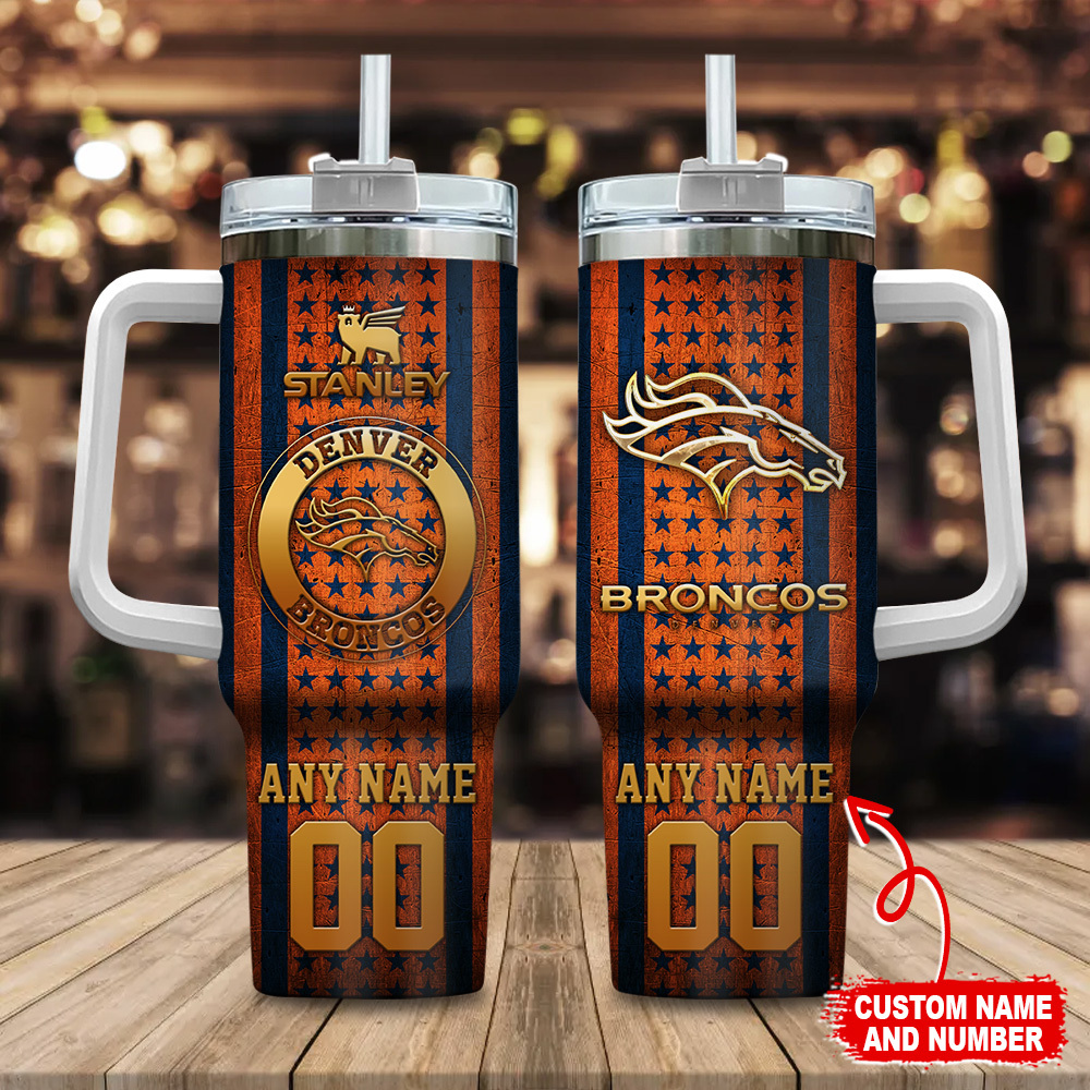 Denver Broncos NFL Golden Logos US Flag Custom Stanley Quencher 40oz Stainless Steel Tumbler With Handle