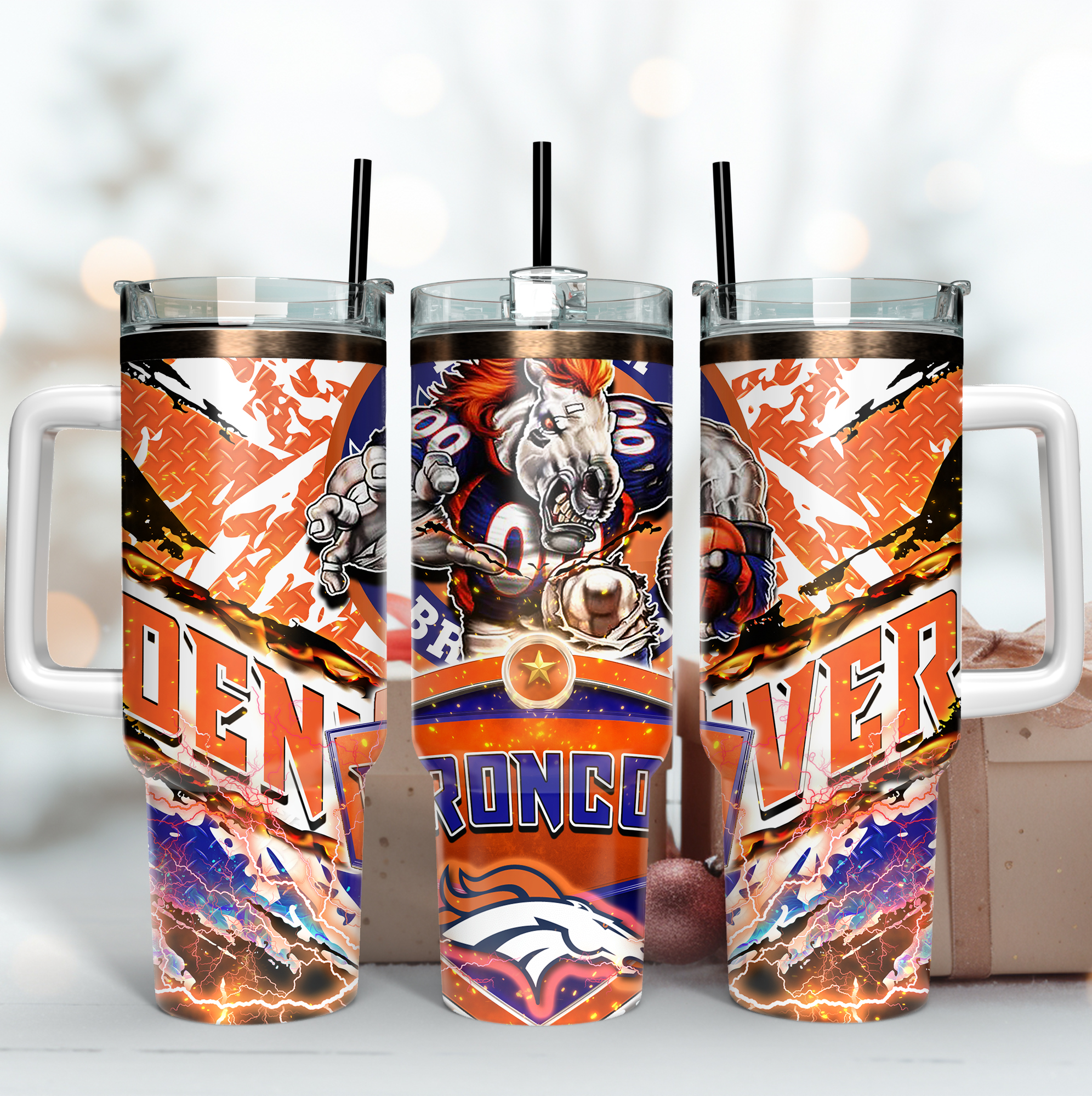 Denver Broncos NFL Mascot Custom Stanley Quencher 40oz Stainless Steel Tumbler With Handle