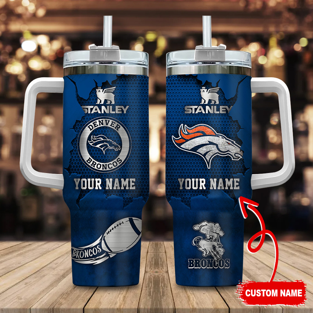 Denver Broncos NFL Metal Style Custom Stanley Quencher 40oz Stainless Steel Tumbler With Handle