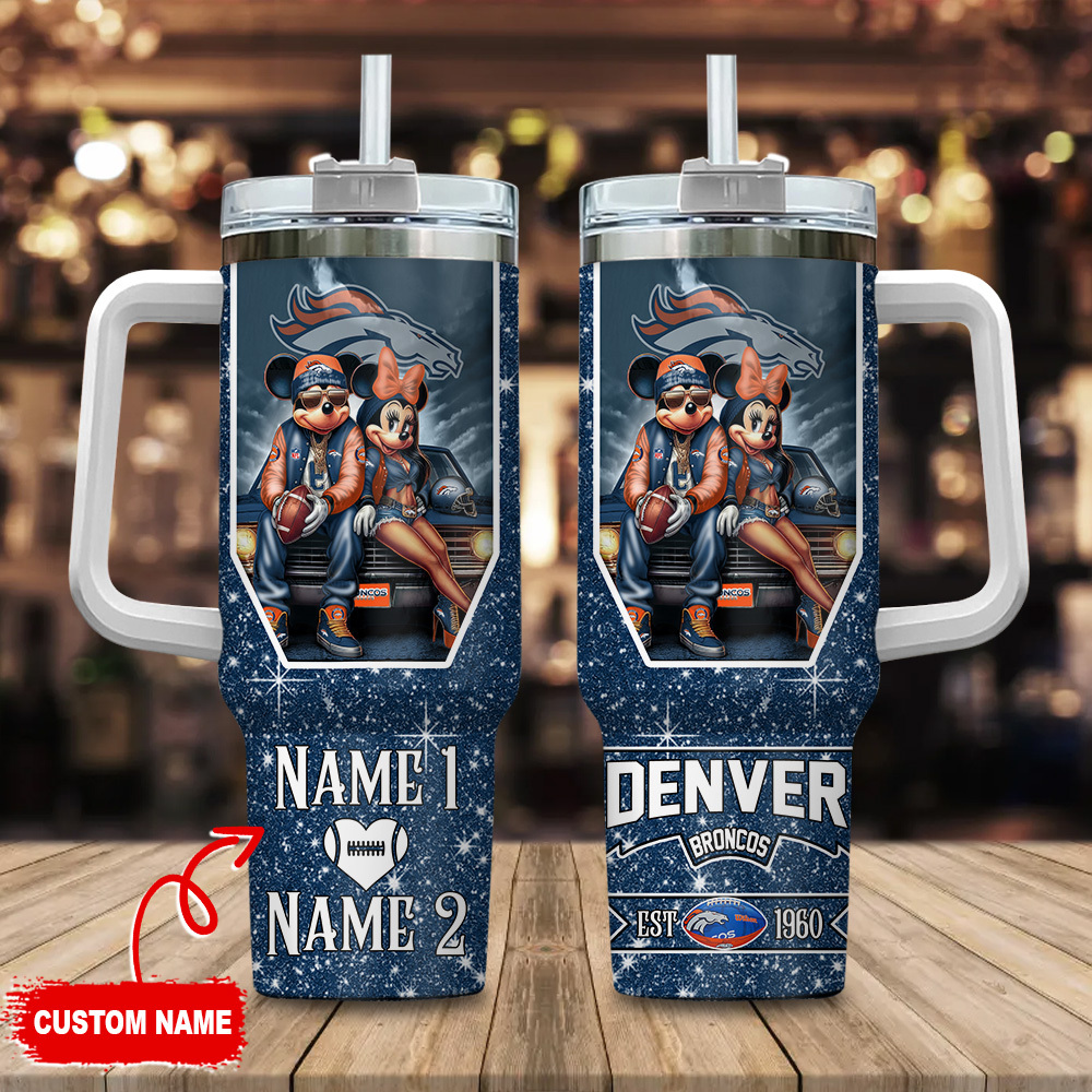 Denver Broncos NFL Mickey And Minnie Couple Custom Stanley Quencher 40oz Stainless Steel Tumbler With Handle