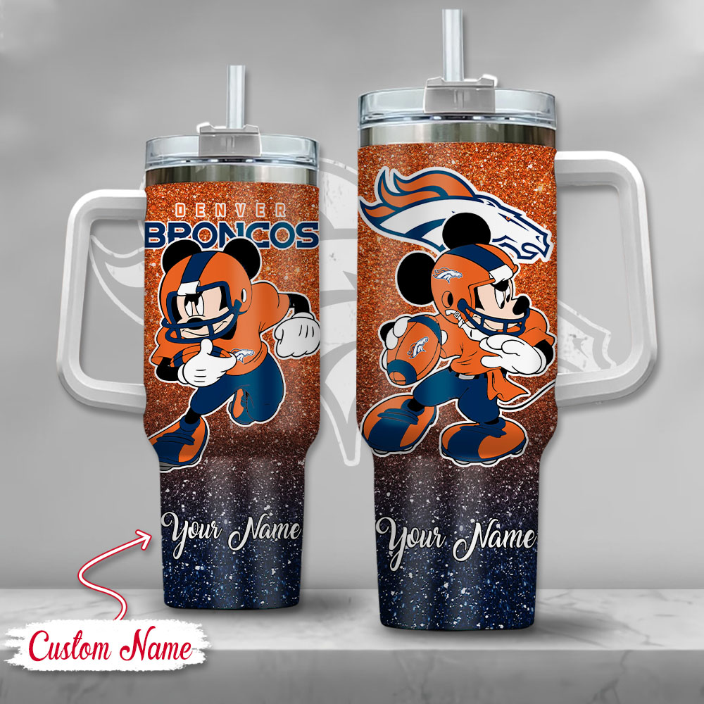 Denver Broncos NFL Mickey Mouse Glitter Custom Stanley Quencher 40oz Stainless Steel Tumbler With Handle