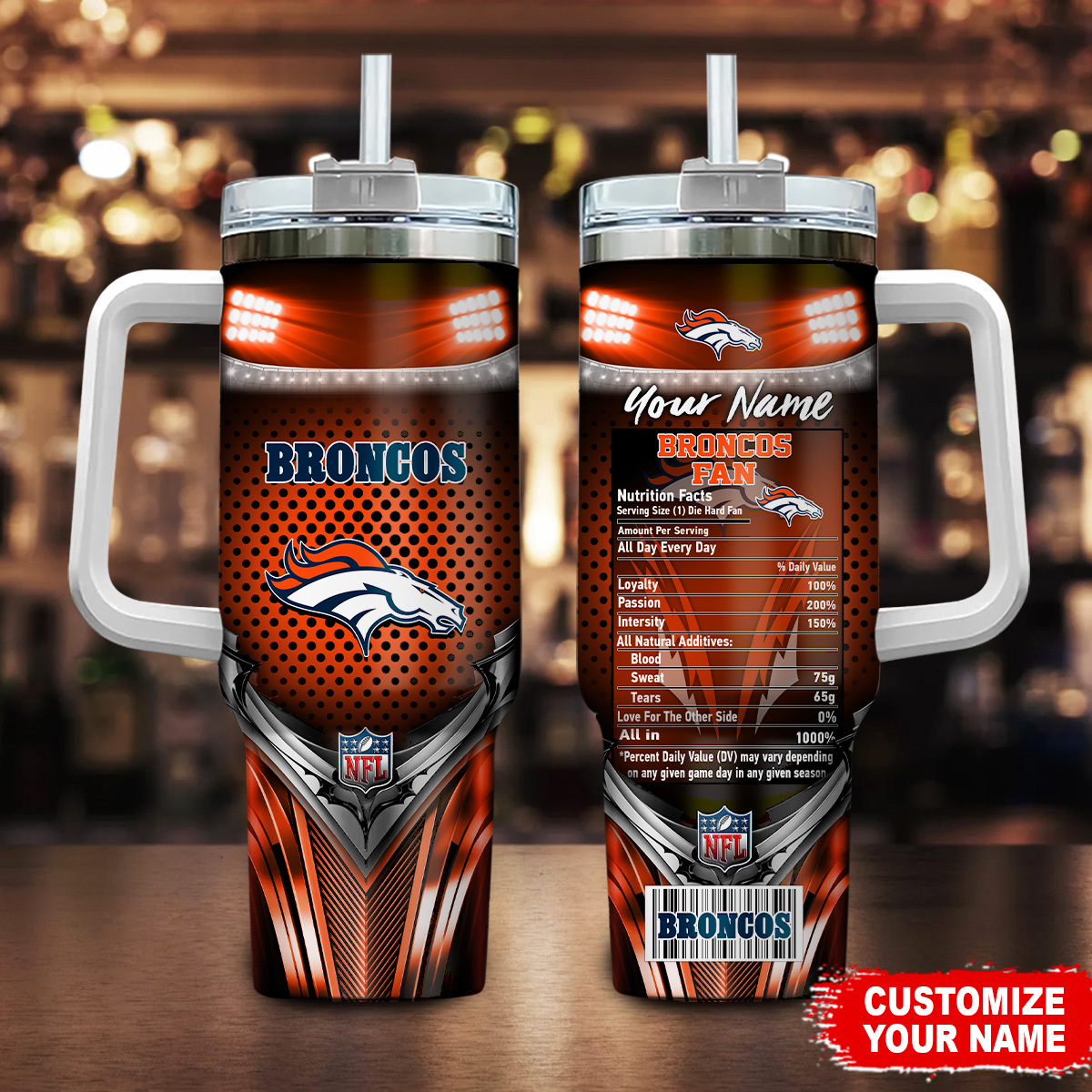 Denver Broncos NFL Nutrition Facts Custom Stanley Quencher 40oz Stainless Steel Tumbler With Handle