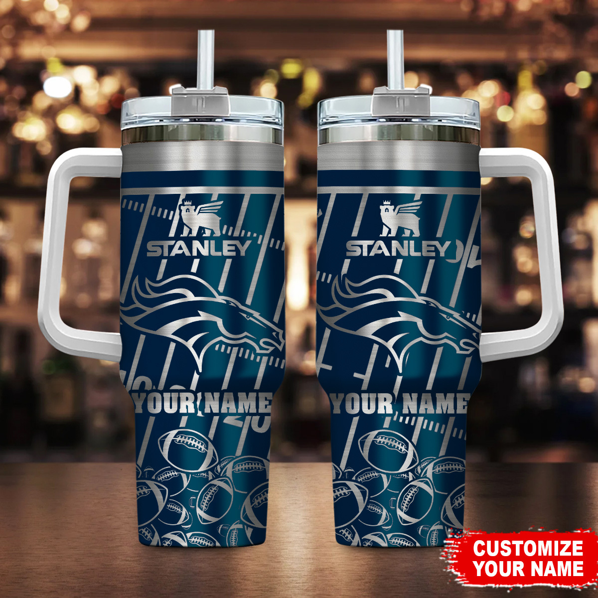 Denver Broncos NFL Silver Custom Stanley Quencher 40oz Stainless Steel Tumbler With Handle