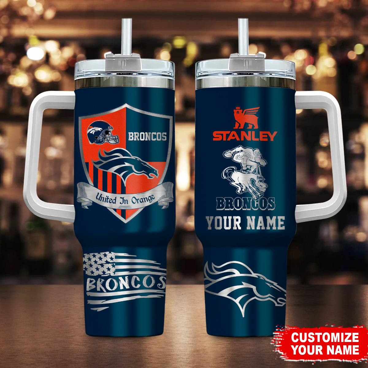 Denver Broncos NFL Silver Logo Custom Stanley Quencher 40oz Stainless Steel Tumbler With Handle