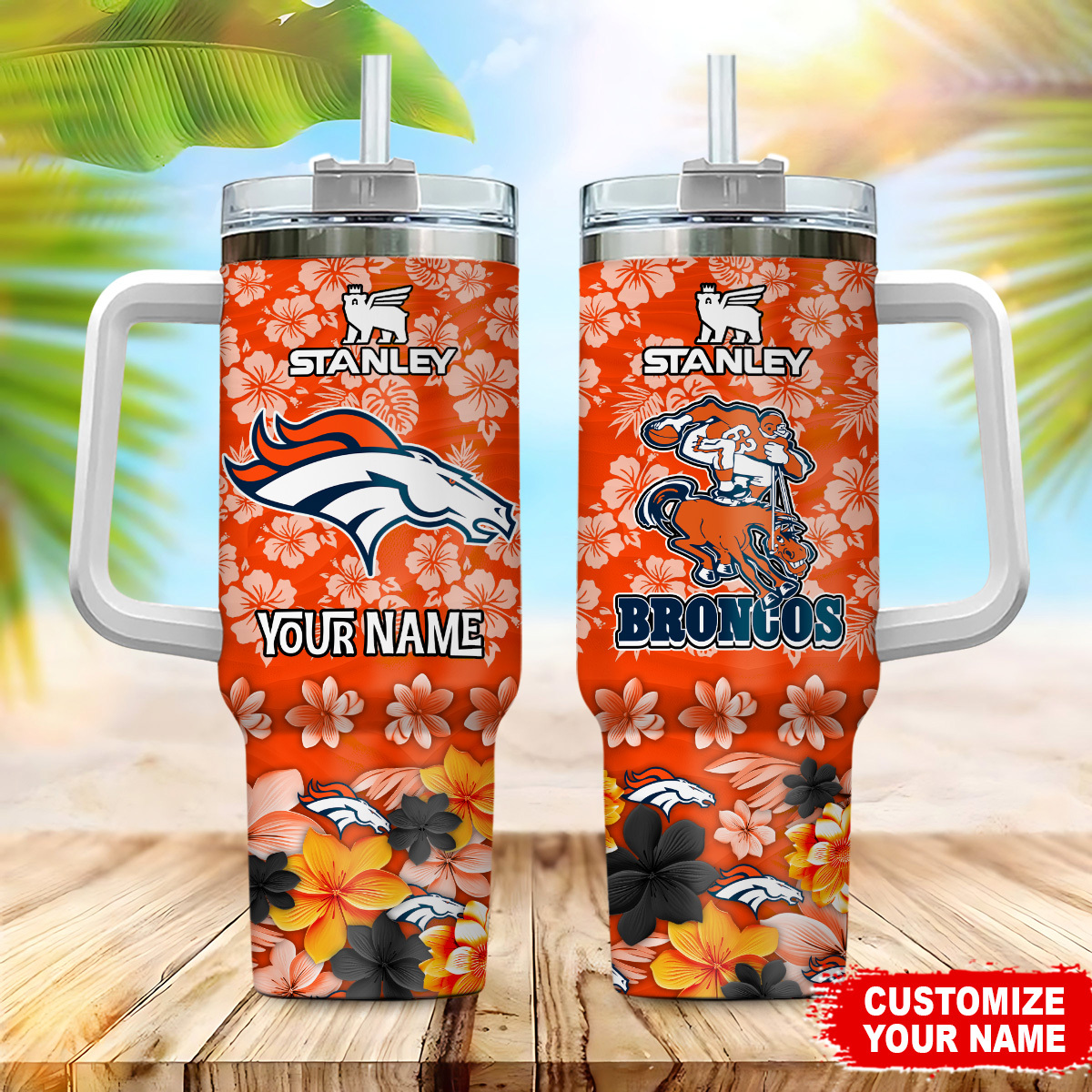 Denver Broncos NFL Tropical Floral Custom Stanley Quencher 40oz Stainless Steel Tumbler With Handle