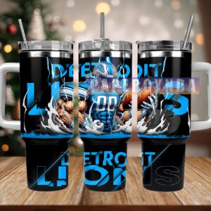 Detroit Lions Custom Stanley Quencher 40oz Stainless Steel Tumbler With Handle
