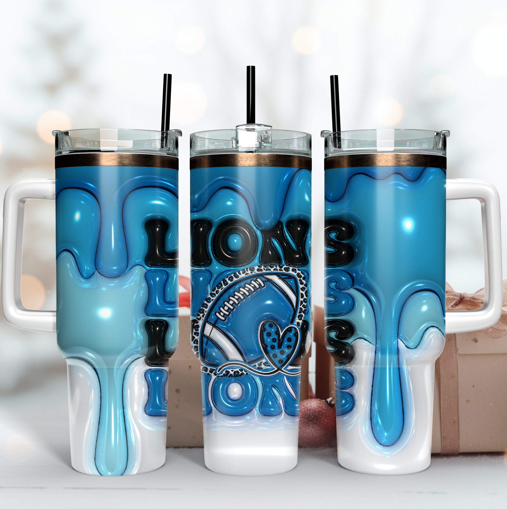 Detroit Lions NFL 3D Inflated Puff Effect Custom Stanley Quencher 40oz Stainless Steel Tumbler With Handle