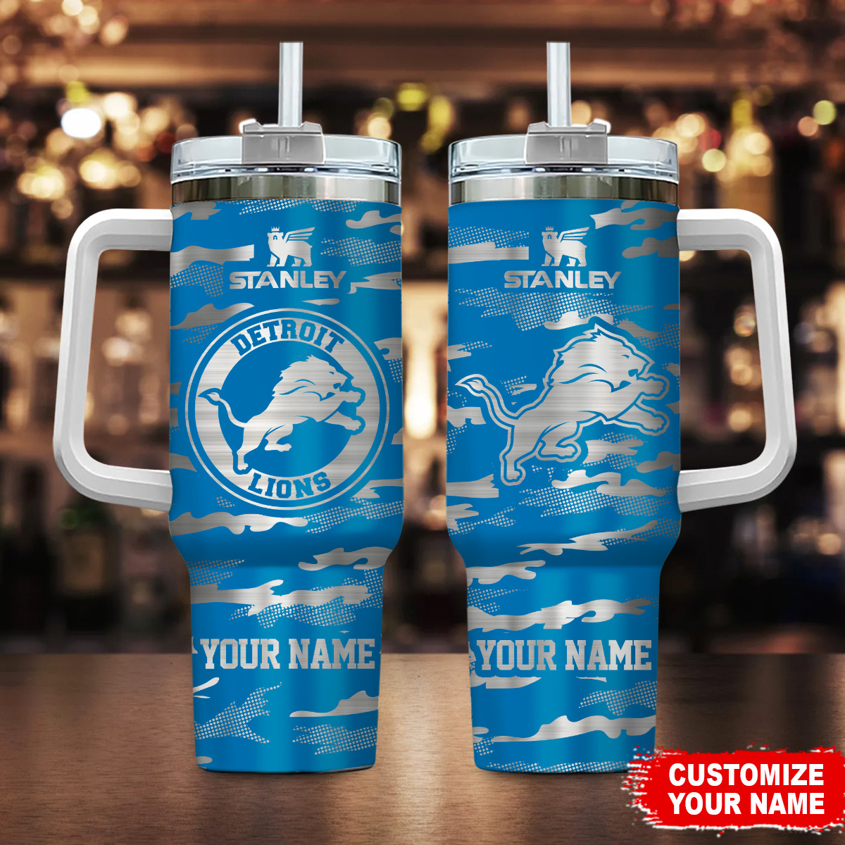 Detroit Lions NFL Camo Pattern Custom Stanley Quencher 40oz Stainless Steel Tumbler With Handle