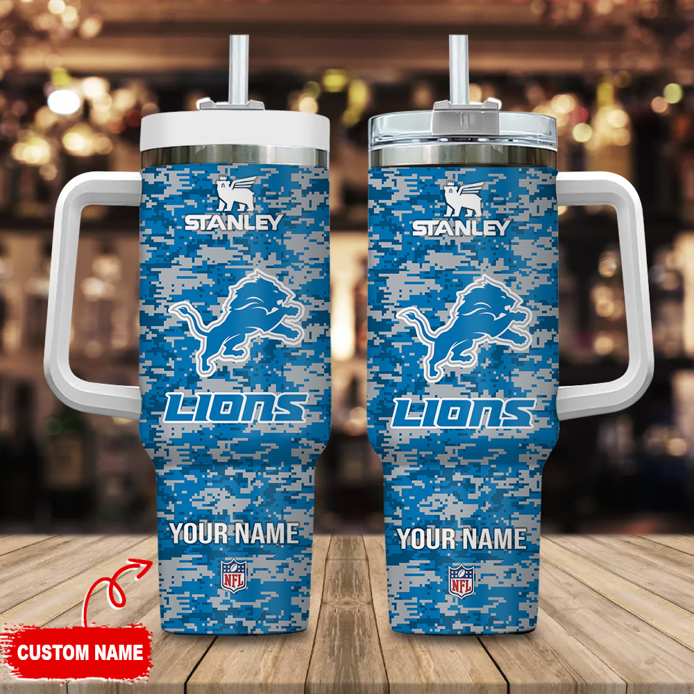 Detroit Lions NFL Camouflage Custom Stanley Quencher 40oz Stainless Steel Tumbler With Handle