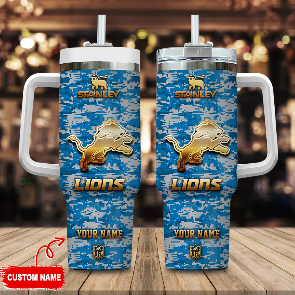 Detroit Lions NFL Camouflage Golden Logo Custom Stanley Quencher 40oz Stainless Steel Tumbler With Handle