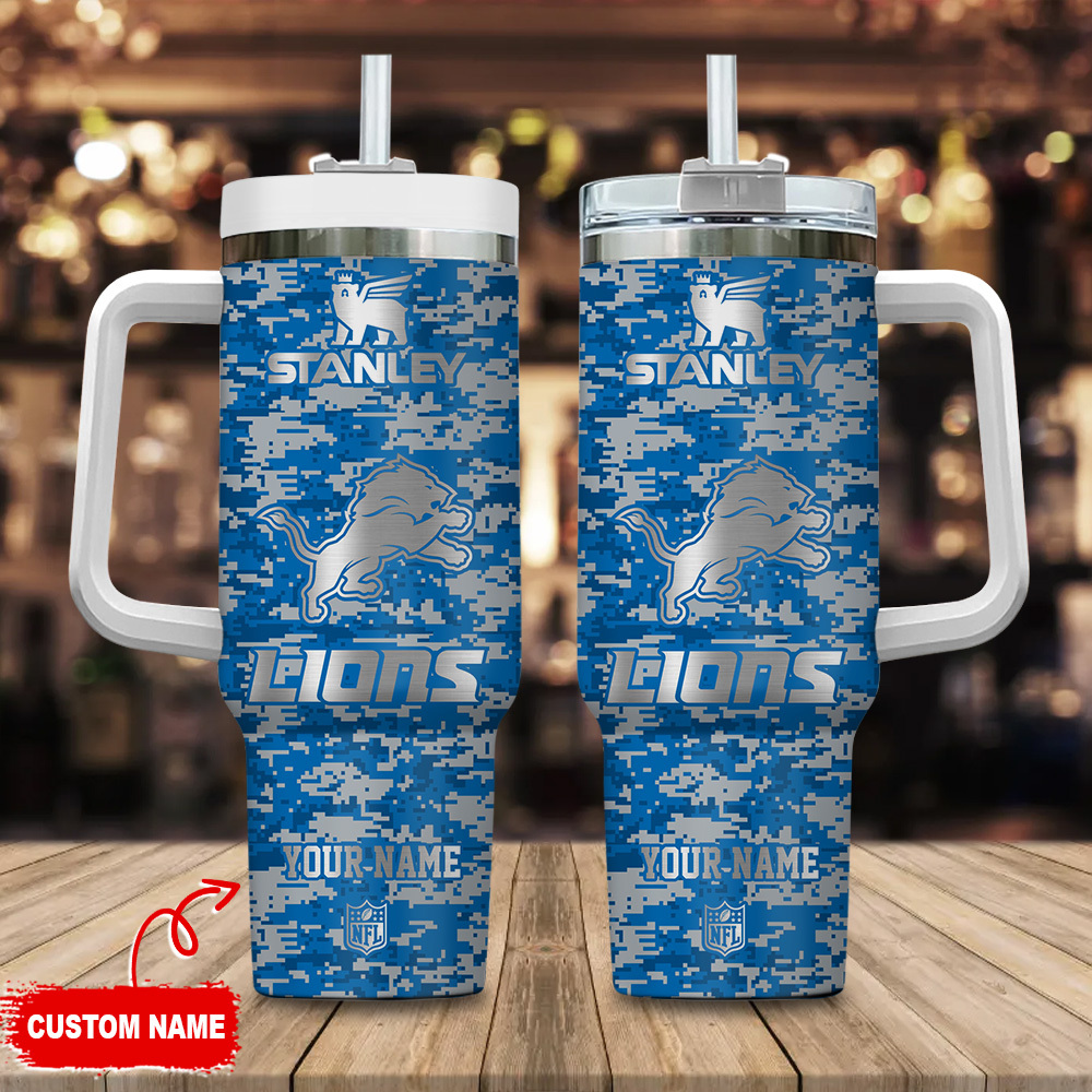 Detroit Lions NFL Camouflage Silver Logo Custom Stanley Quencher 40oz Stainless Steel Tumbler With Handle