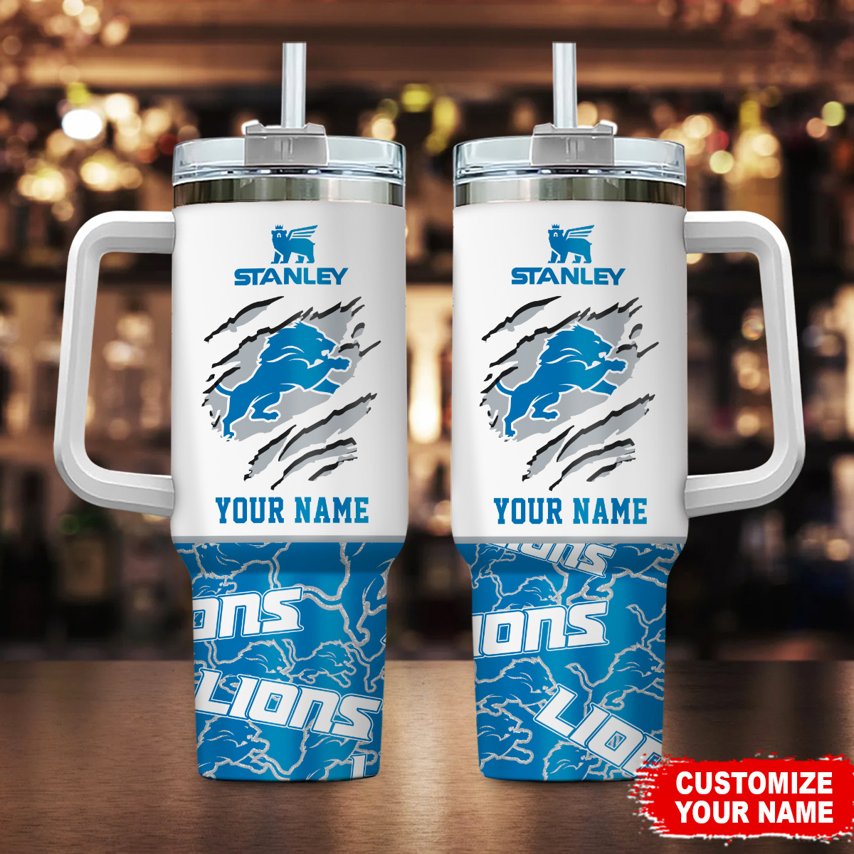 Detroit Lions NFL Custom Stanley Quencher 40oz Stainless Steel Tumbler With Handle