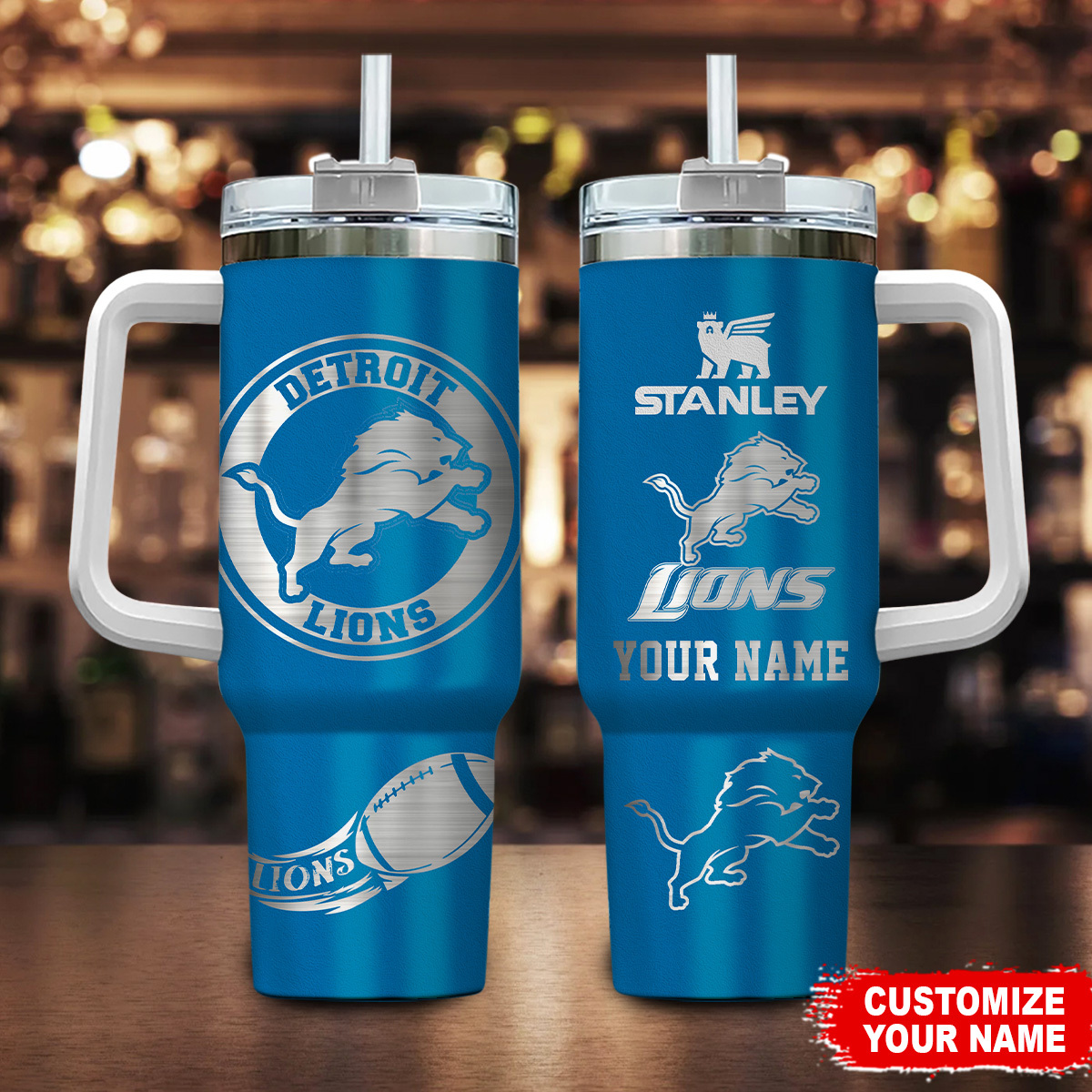 Detroit Lions NFL Custom Stanley Quencher 40oz Stainless Steel Tumbler With Handle