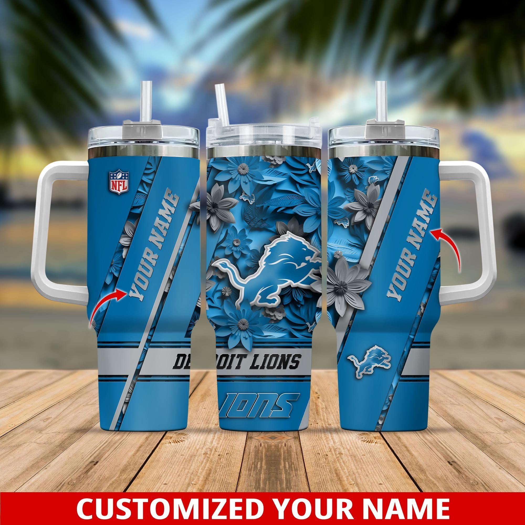 Detroit Lions NFL Custom Stanley Quencher 40oz Stainless Steel Tumbler With Handle