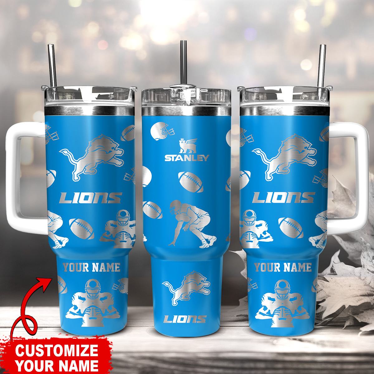 Detroit Lions NFL Custom Stanley Quencher 40oz Stainless Steel Tumbler With Handle