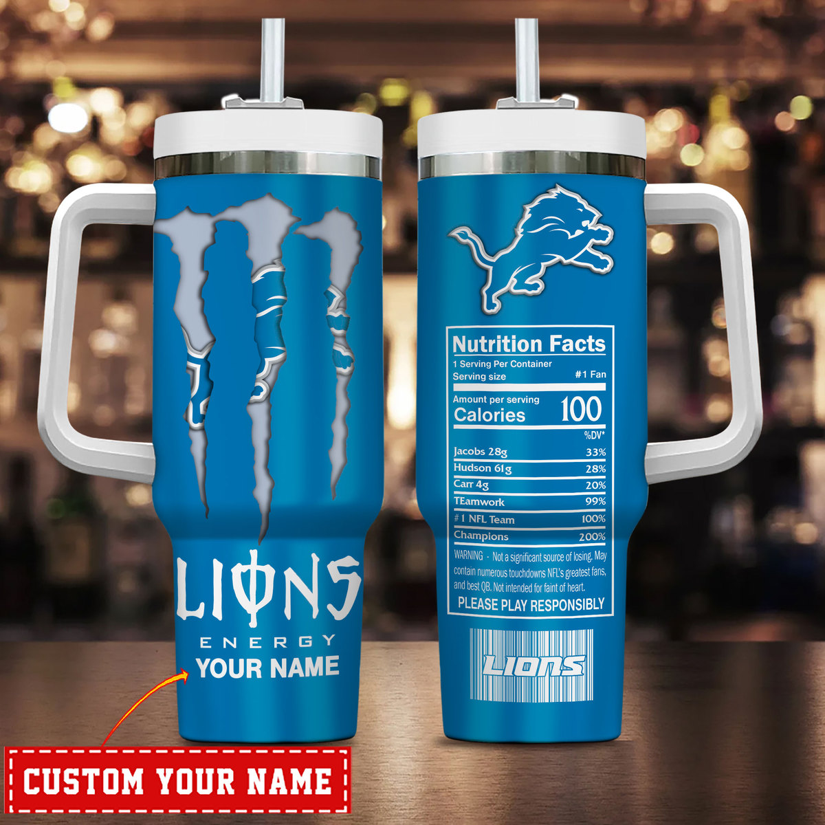 Detroit Lions NFL Energy Nutrition Facts Custom Stanley Quencher 40oz Stainless Steel Tumbler With Handle