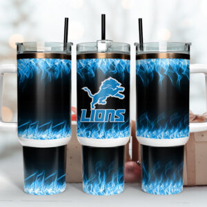 Detroit Lions NFL Fire Effect Custom Stanley Quencher 40oz Stainless Steel Tumbler With Handle
