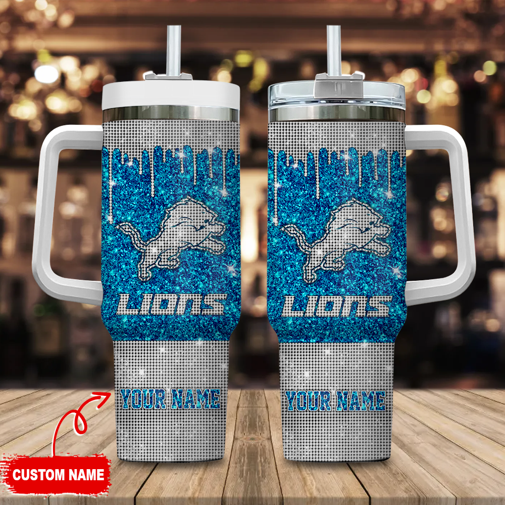 Detroit Lions NFL Glitter Custom Stanley Quencher 40oz Stainless Steel Tumbler With Handle