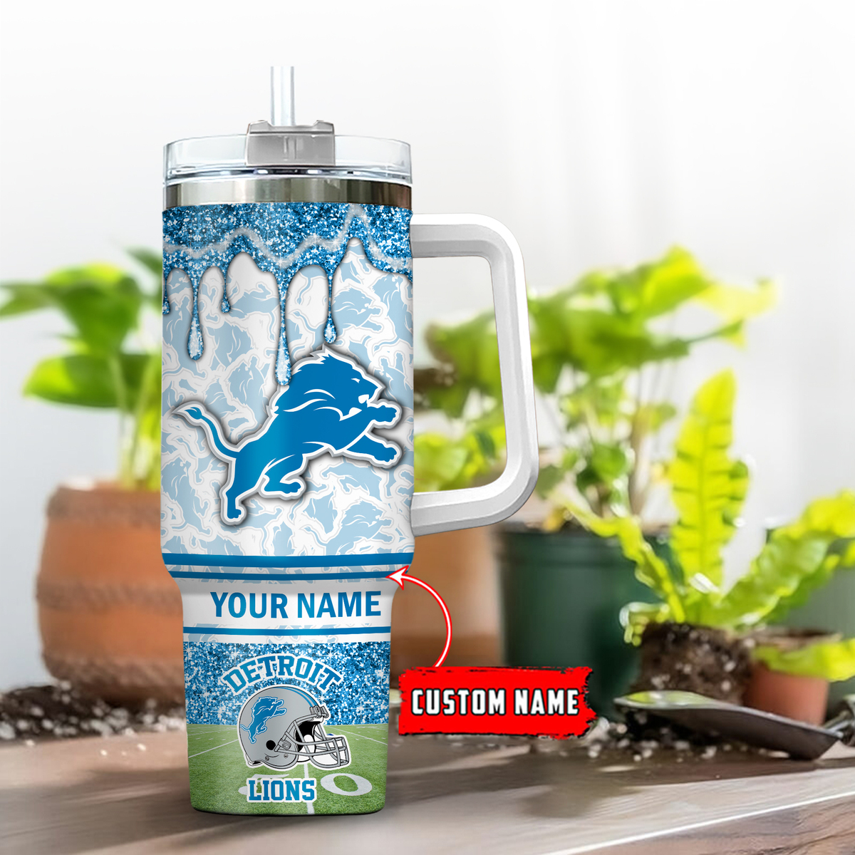 Detroit Lions NFL Glitter Custom Stanley Quencher 40oz Stainless Steel Tumbler With Handle