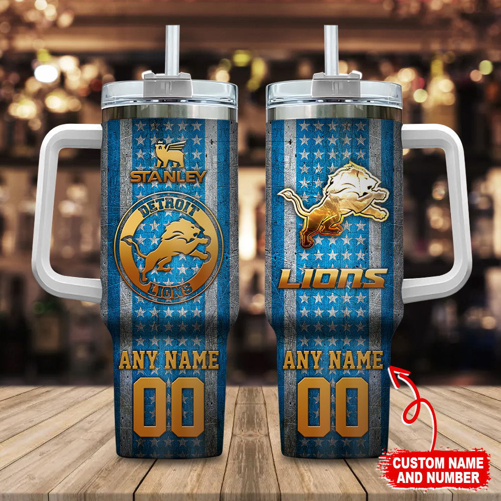 Detroit Lions NFL Golden Logos US Flag Custom Stanley Quencher 40oz Stainless Steel Tumbler With Handle
