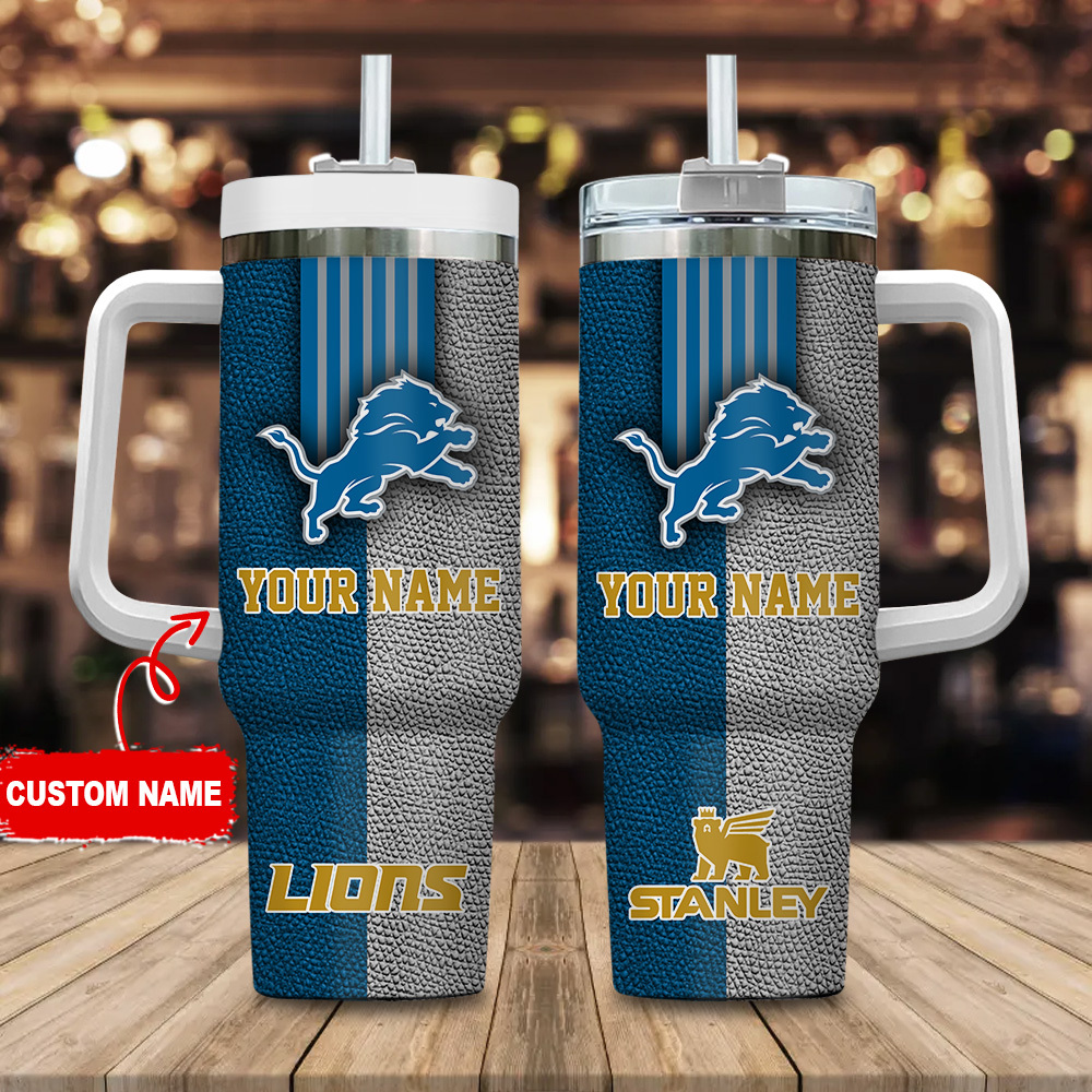 Detroit Lions NFL Leather Effect Custom Stanley Quencher 40oz Stainless Steel Tumbler With Handle