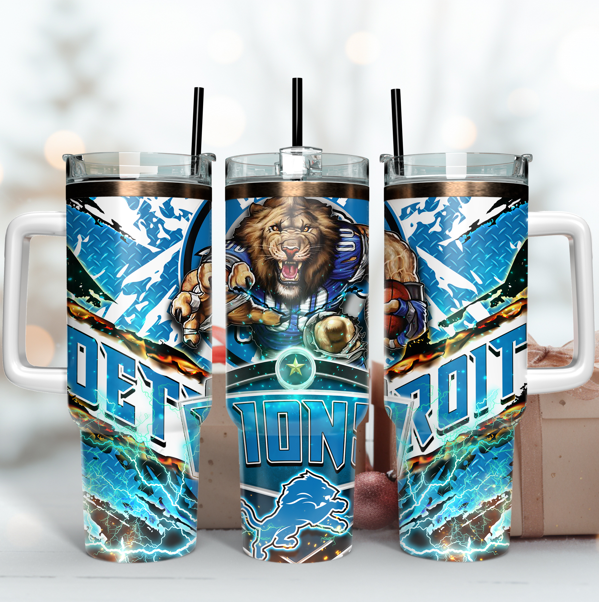 Detroit Lions NFL Mascot Custom Stanley Quencher 40oz Stainless Steel Tumbler With Handle