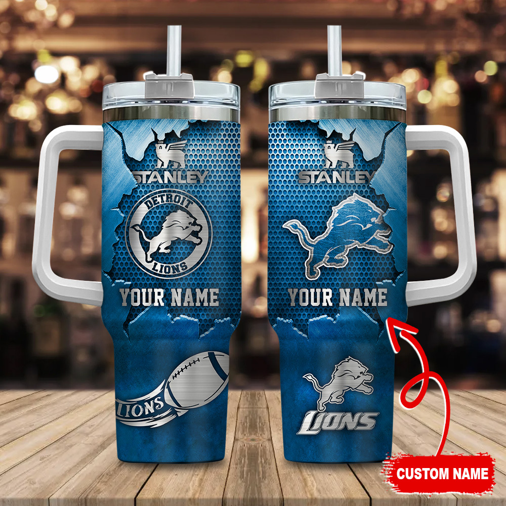 Detroit Lions NFL Metal Style Custom Stanley Quencher 40oz Stainless Steel Tumbler With Handle