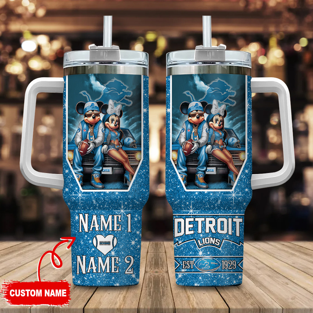 Detroit Lions NFL Mickey And Minnie Couple Custom Stanley Quencher 40oz Stainless Steel Tumbler With Handle