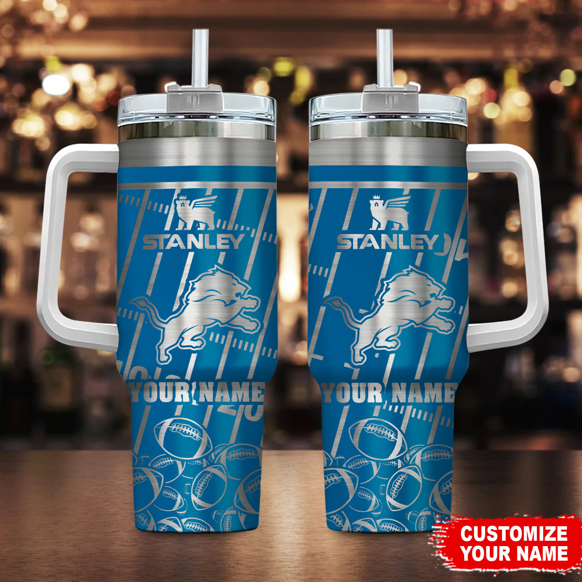 Detroit Lions NFL Silver Custom Stanley Quencher 40oz Stainless Steel Tumbler With Handle