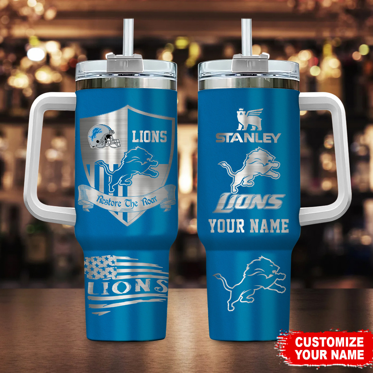 Detroit Lions NFL Silver Logo Custom Stanley Quencher 40oz Stainless Steel Tumbler With Handle