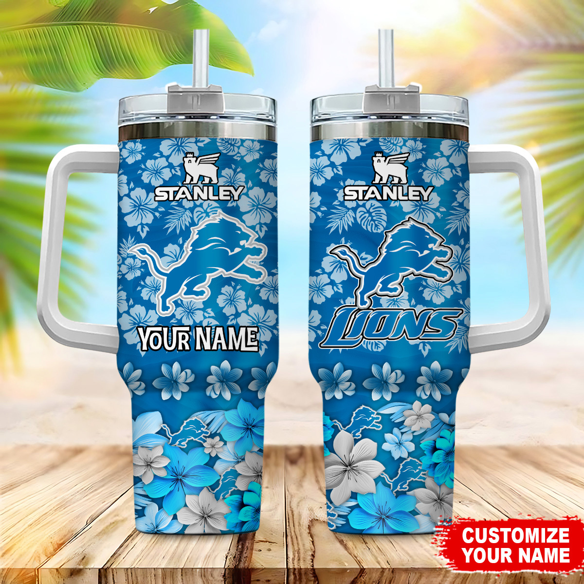 Detroit Lions NFL Tropical Floral Custom Stanley Quencher 40oz Stainless Steel Tumbler With Handle