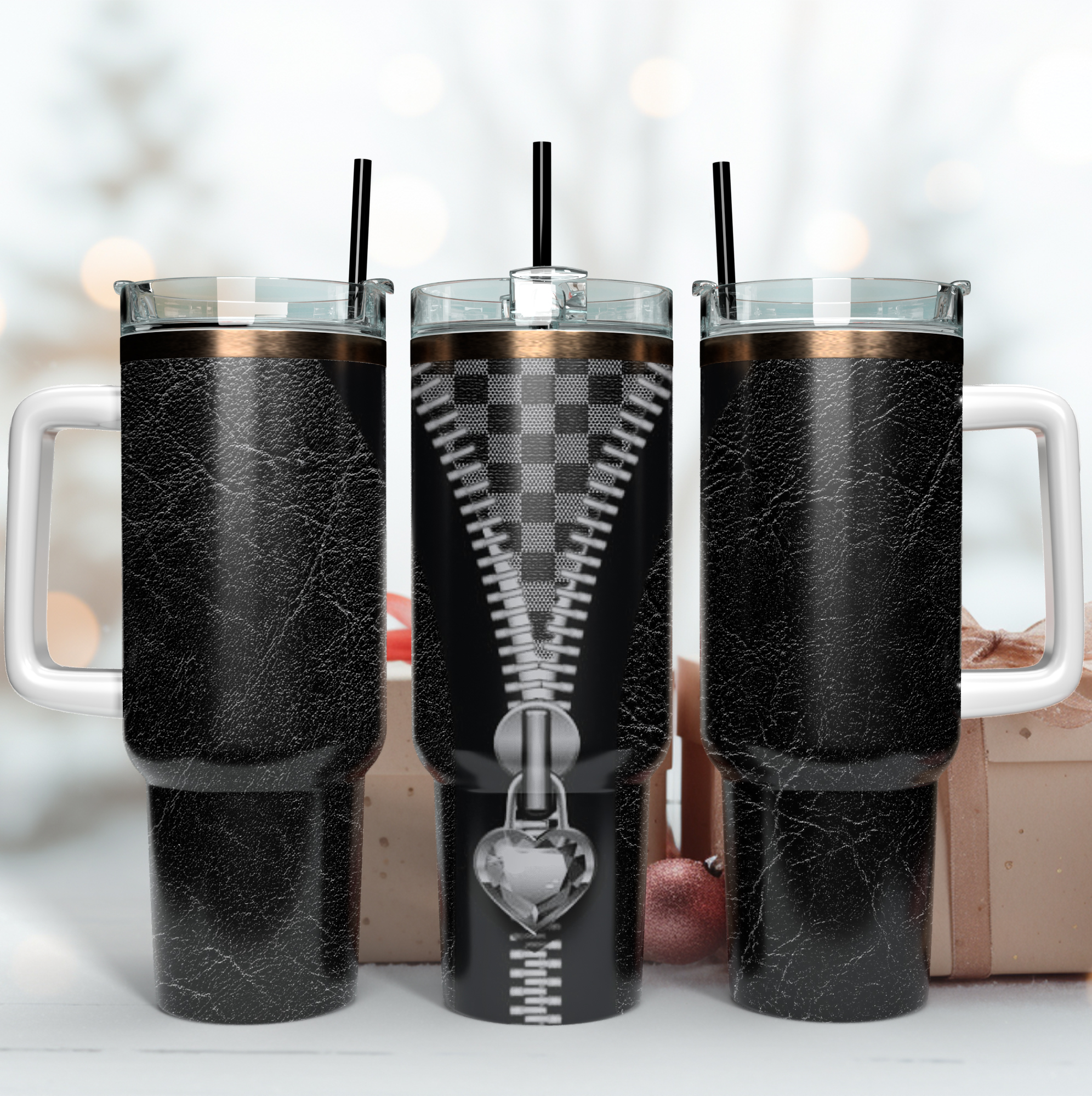 Diamond Heart Zipper Leather Pattern Custom Stanley Quencher 40oz Stainless Steel Tumbler With Handle