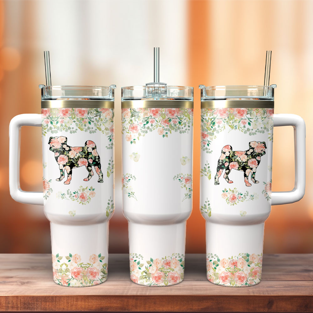 Dog And Flowers Artwork Custom Stanley Quencher 40oz Stainless Steel Tumbler With Handle