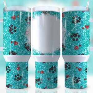 Dog Paw Teal Glitter Custom Stanley Quencher 40oz Stainless Steel Tumbler With Handle