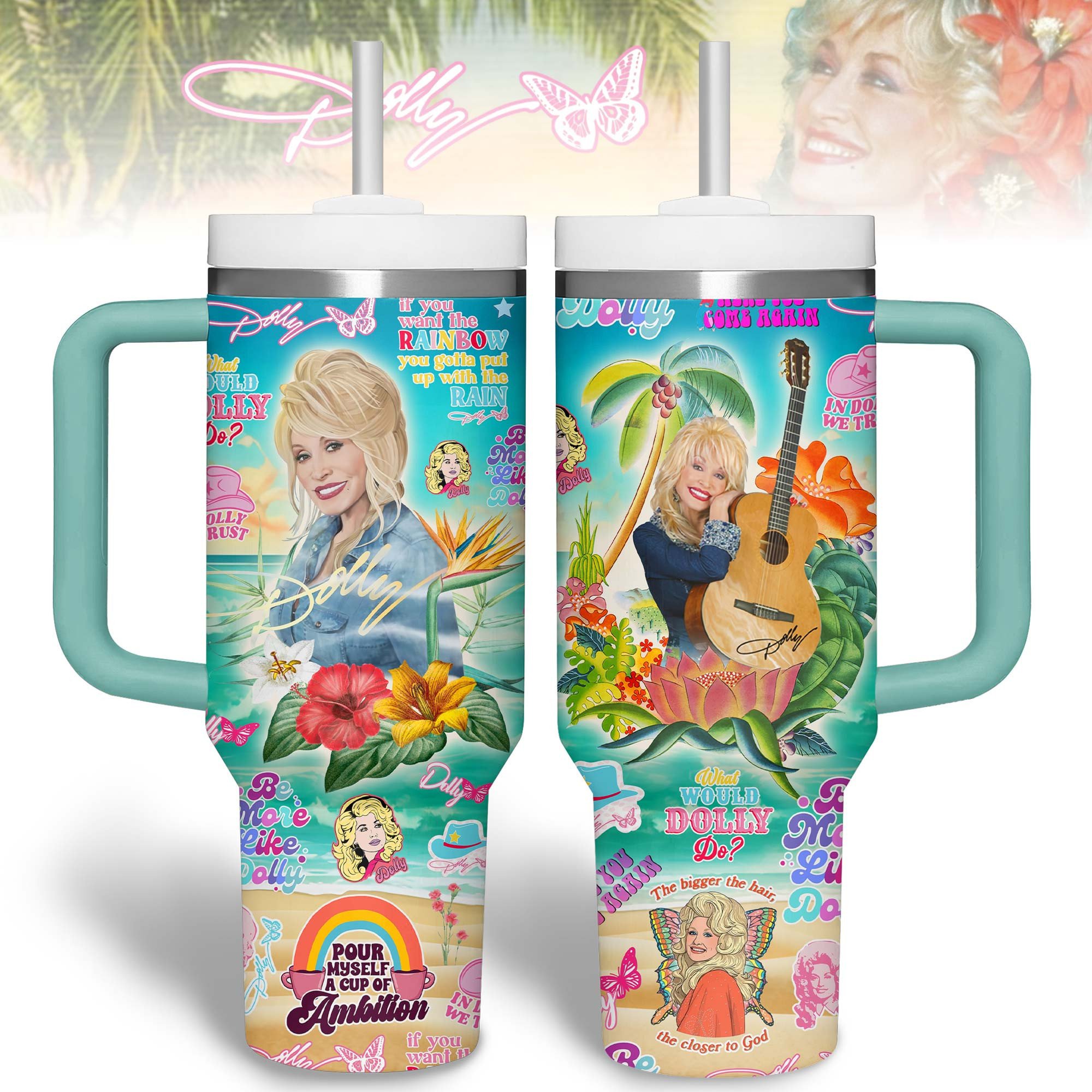 Dolly Parton Music Custom Stanley Quencher 40oz Stainless Steel Tumbler With Handle