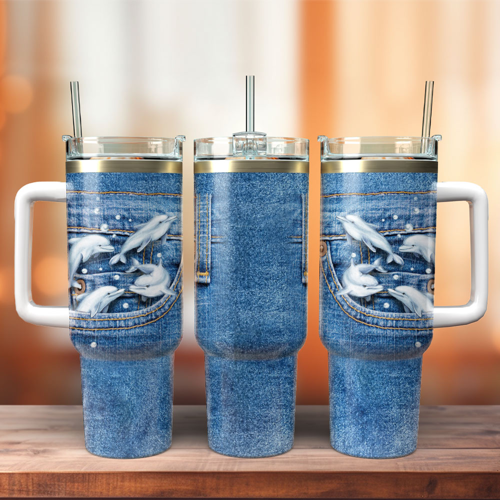 Dolphin Girl Jean Custom Stanley Quencher 40oz Stainless Steel Tumbler With Handle