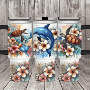Dolphin Hibiscus Flowers +Custom Stanley Quencher 40oz Stainless Steel Tumbler With Handle