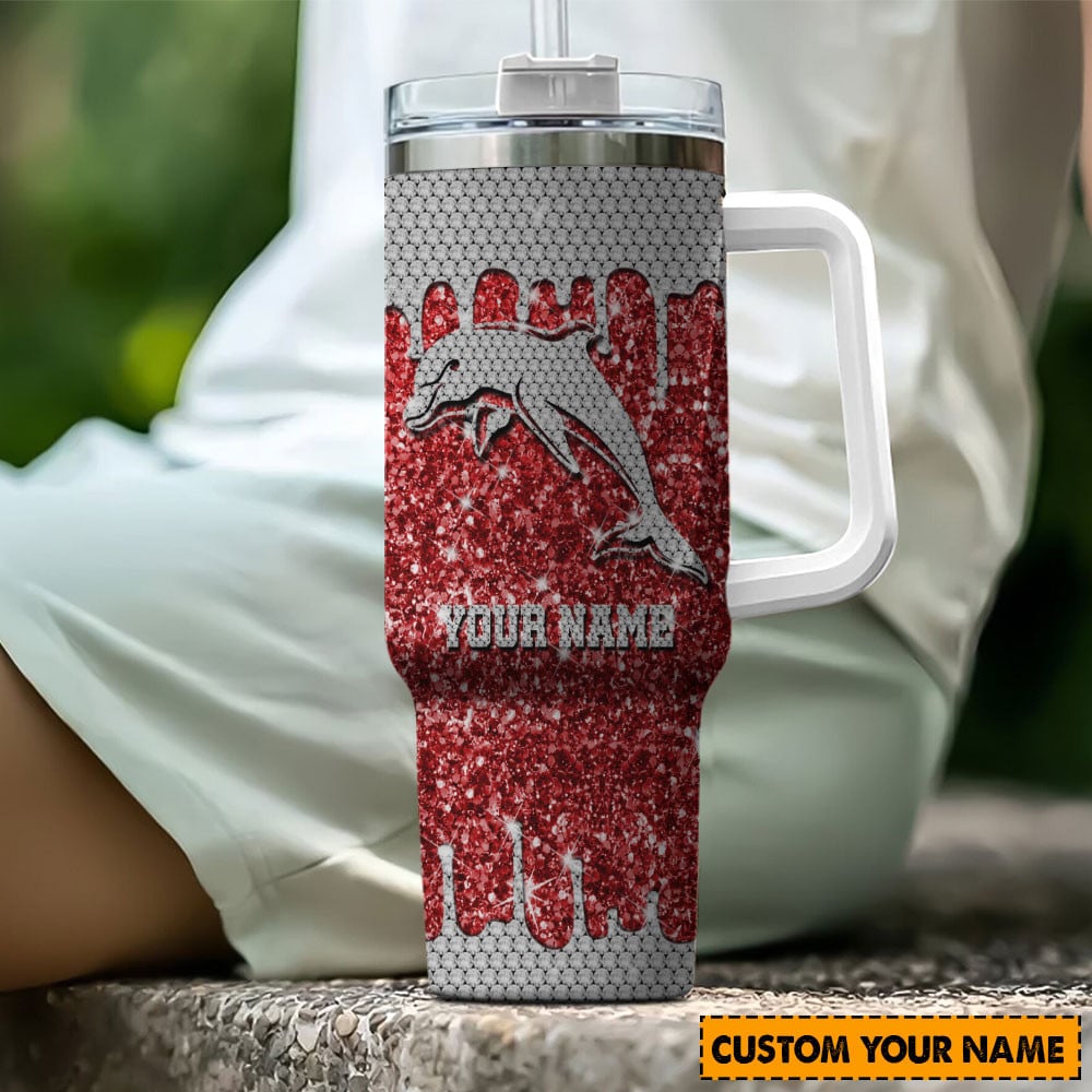 Dolphins NRL Glitter Custom Stanley Quencher 40oz Stainless Steel Tumbler With Handle