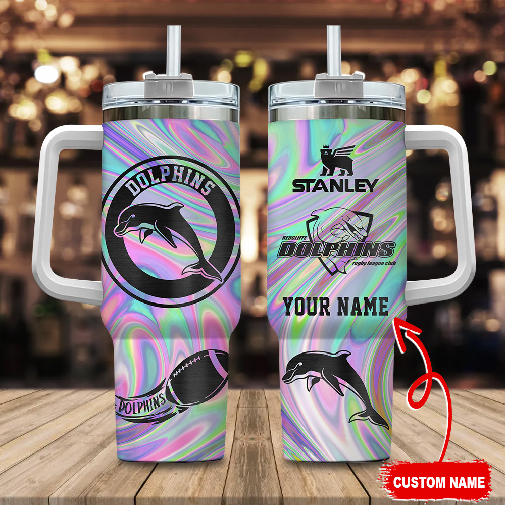 Dolphins NRL Hologram Effect Custom Stanley Quencher 40oz Stainless Steel Tumbler With Handle