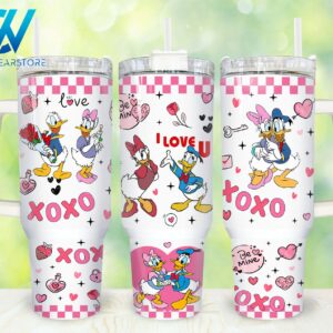 Donald And Daisy Duck Disney Cartoon Custom Stanley Quencher 40oz Stainless Steel Tumbler With Handle
